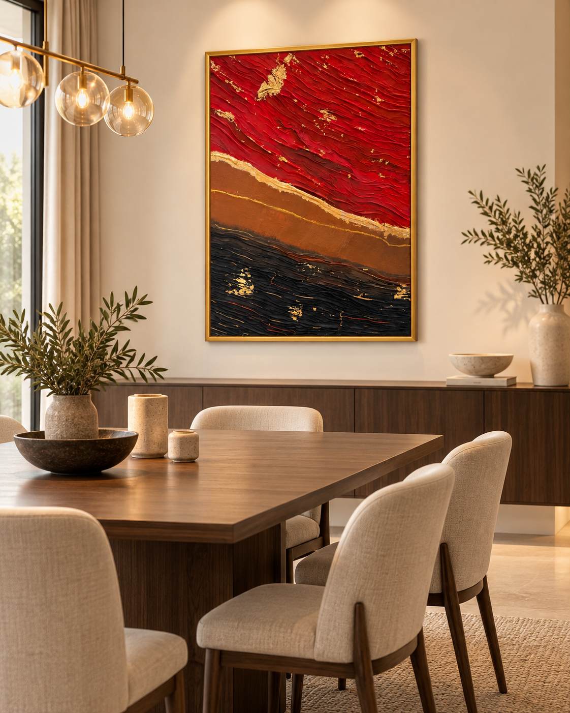 Textured artwork in a refined dining space